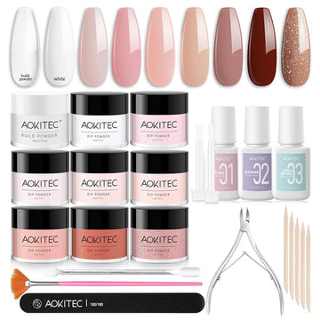 Aokitec Dip Powder Nail Kit  White Nude Pink Brown Giltter 8+1 Colors